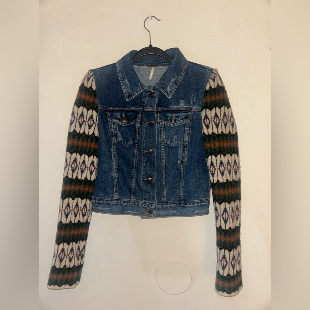 Free People Blue Jean Jacket with Patterned Sleeves